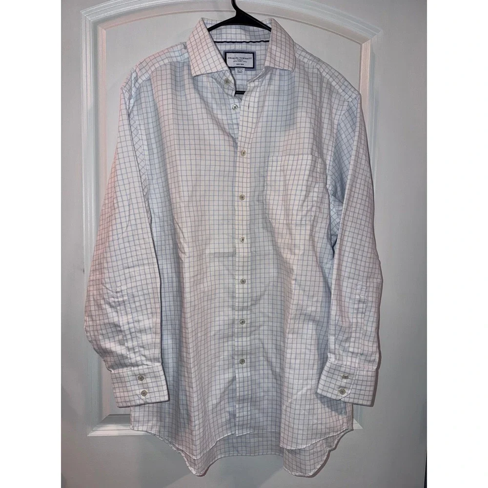 Charles Tyrwhitt Mens Non Iron Classic Fit Dress Shirt 16.5X33 Blue‎ Windowpane